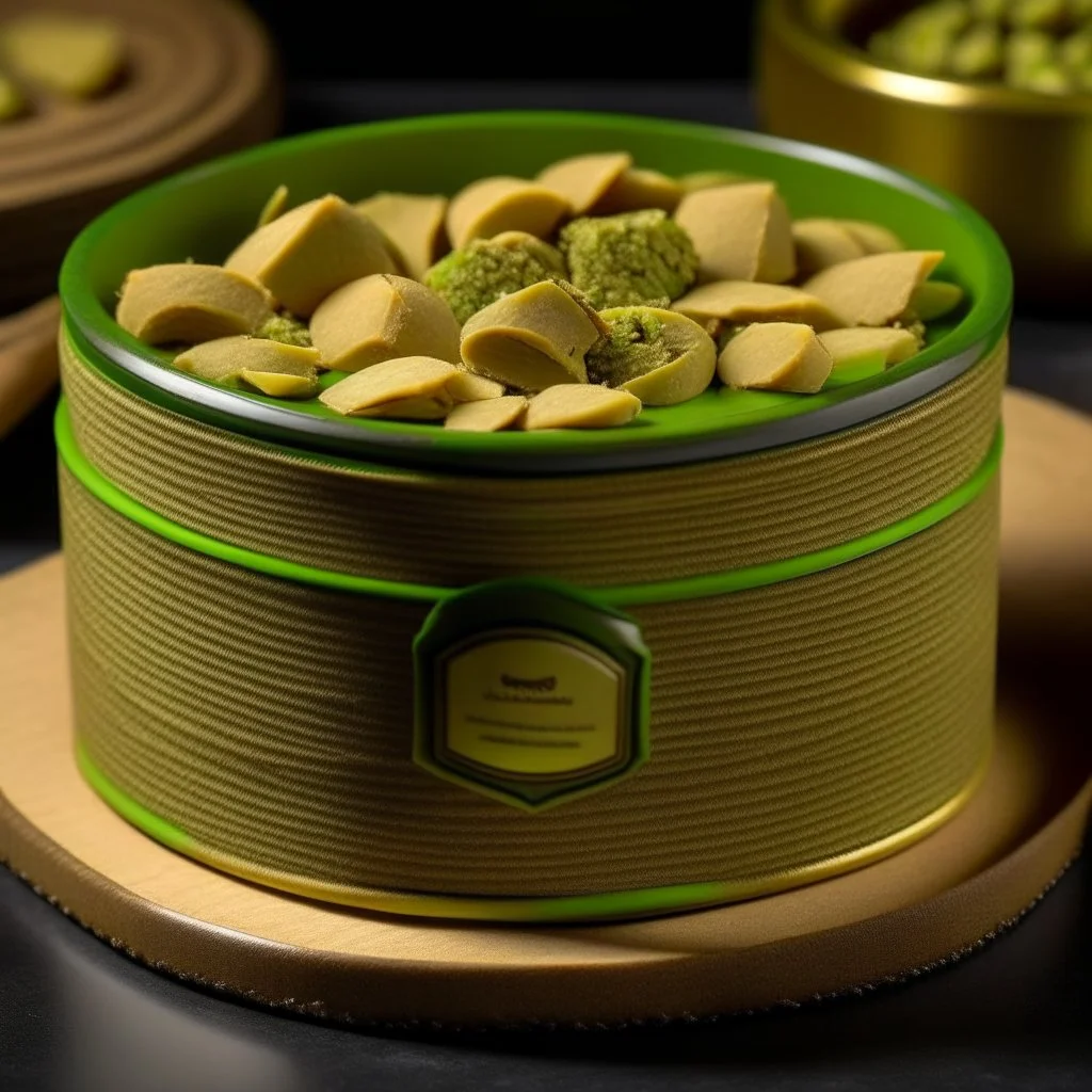 A round box of small halva with pistachios around it