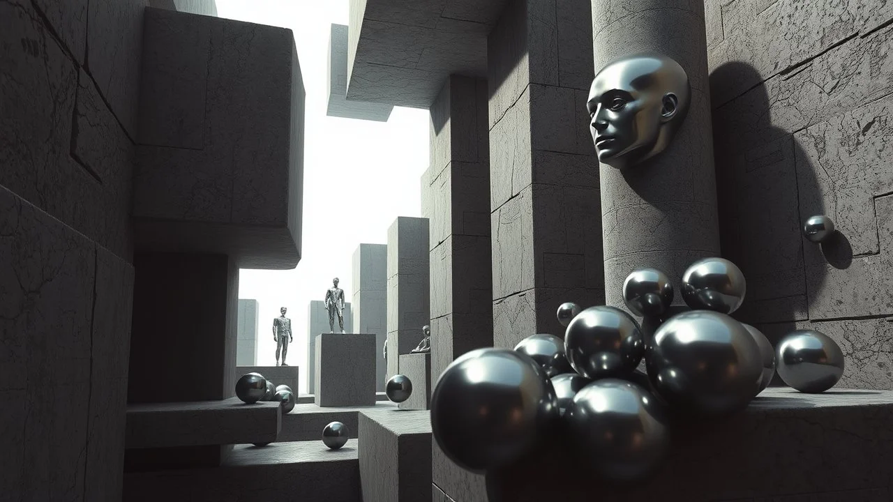 The image shows a complex and abstract geometric structure, with stone blocks and cylindrical shapes that seem to float in an indeterminate space. Some metallic humanoid figures are integrated into the scene, with static poses, almost like statues. In the upper right, a metallic head protrudes from a cylinder, while shiny, possibly metallic, spheres are scattered throughout the composition. The light entering from the background creates a contrast with the deep shadows, adding a surreal and diso