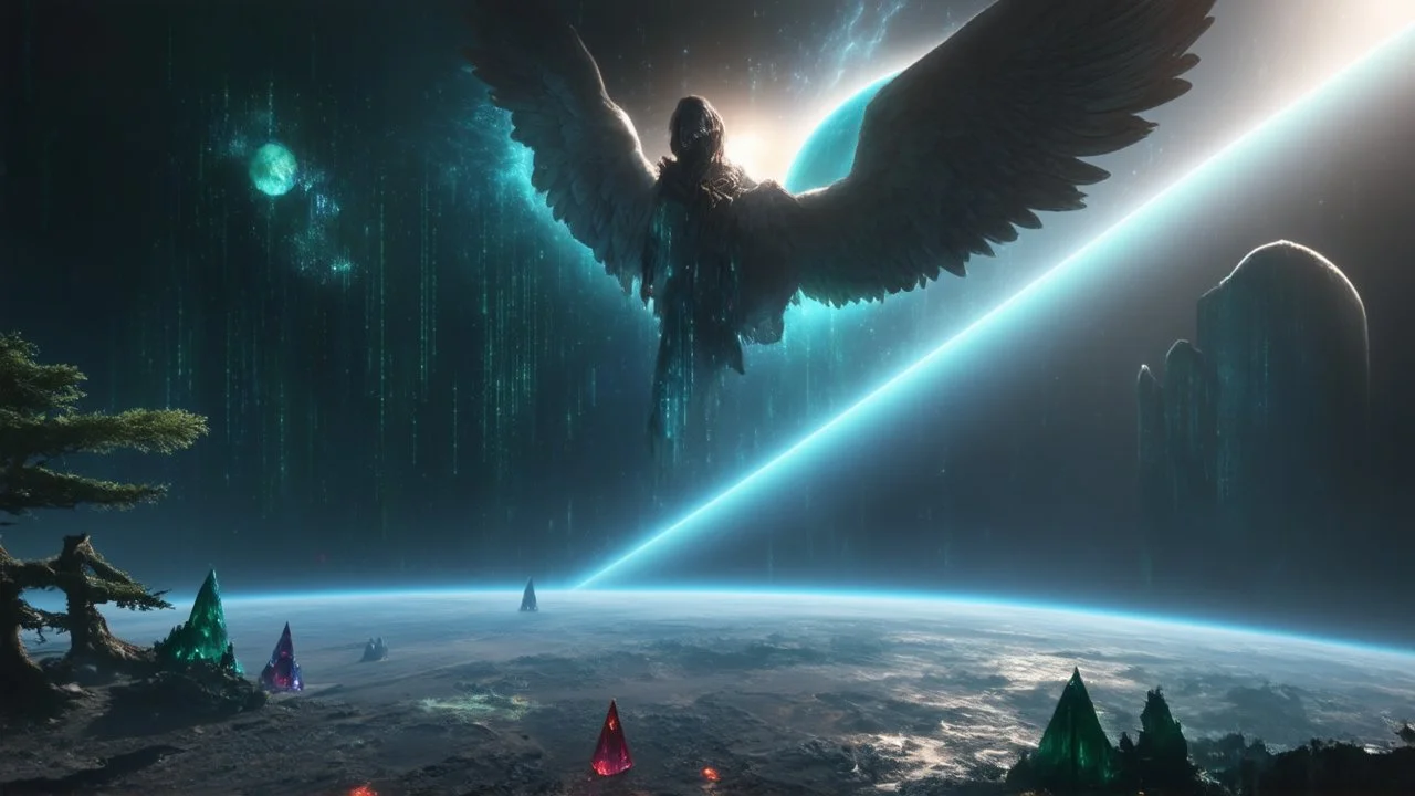 matrix, god creation, few planets on the back ground. small and large deposits of monoliths of red, blue, and green crystals of tiberium on the right side, seven space trees on the left side of the angel from the other dimensions.