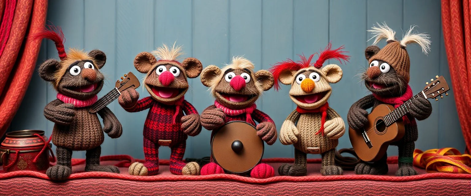 masterfully knitted Gnoll muppet puppet band