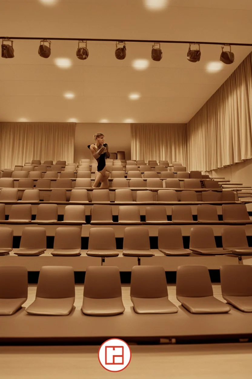 girl with messy bun hitting a punchball. She is boxing. People are sitting around her following the course. She is standing in the middle of the image in the aula.