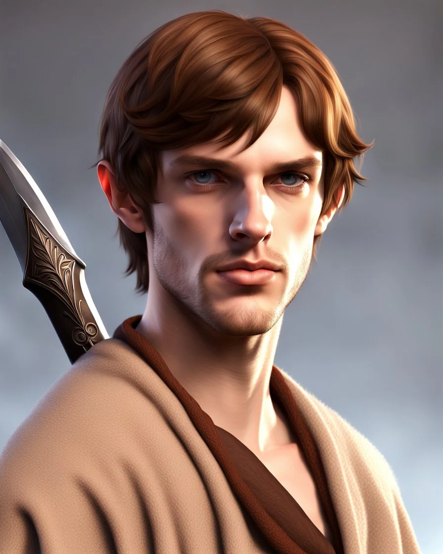 fantasy young noble swordman short brown hair photorealistic