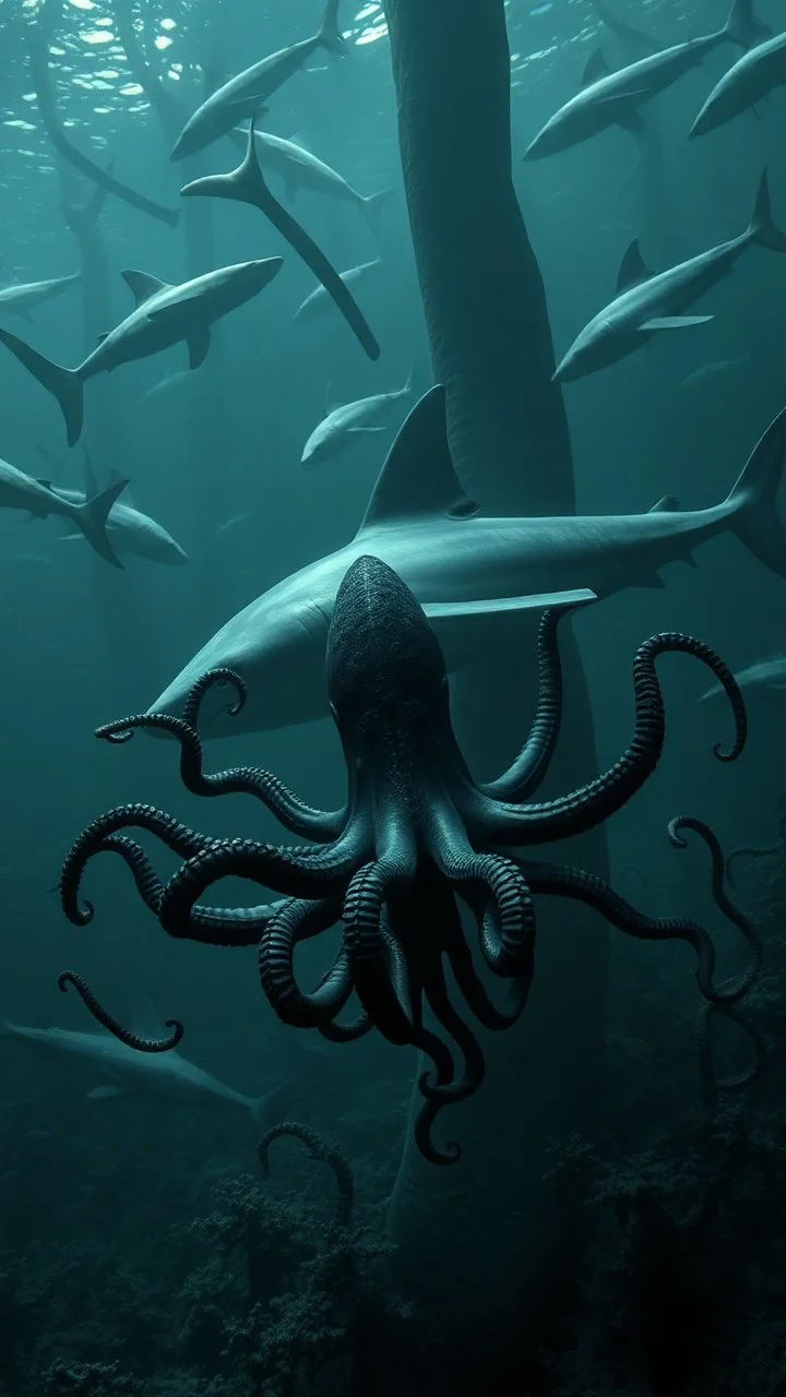 Giant gray sharks in the background of black vein, human veins, mixing together a lot of them, like a forest, big and small veins a lot of them, a black creature looks like an octopus with many arms