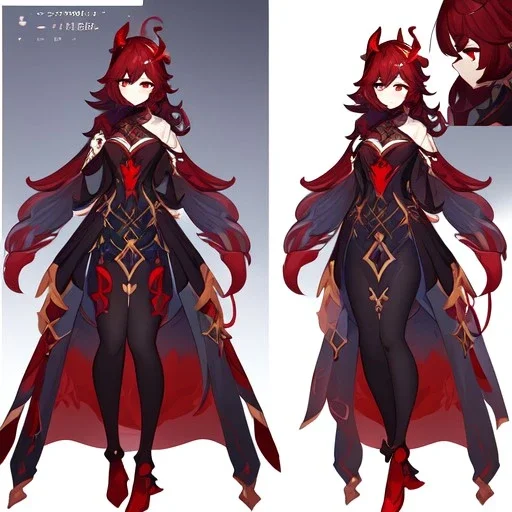 Clear focus,High resolution, Black long hair, Red eyes, Red horns, Wearing a Genshin Impact inspired outfit with black and red as the main color, Looking away from the viewer, Full body, Concept art