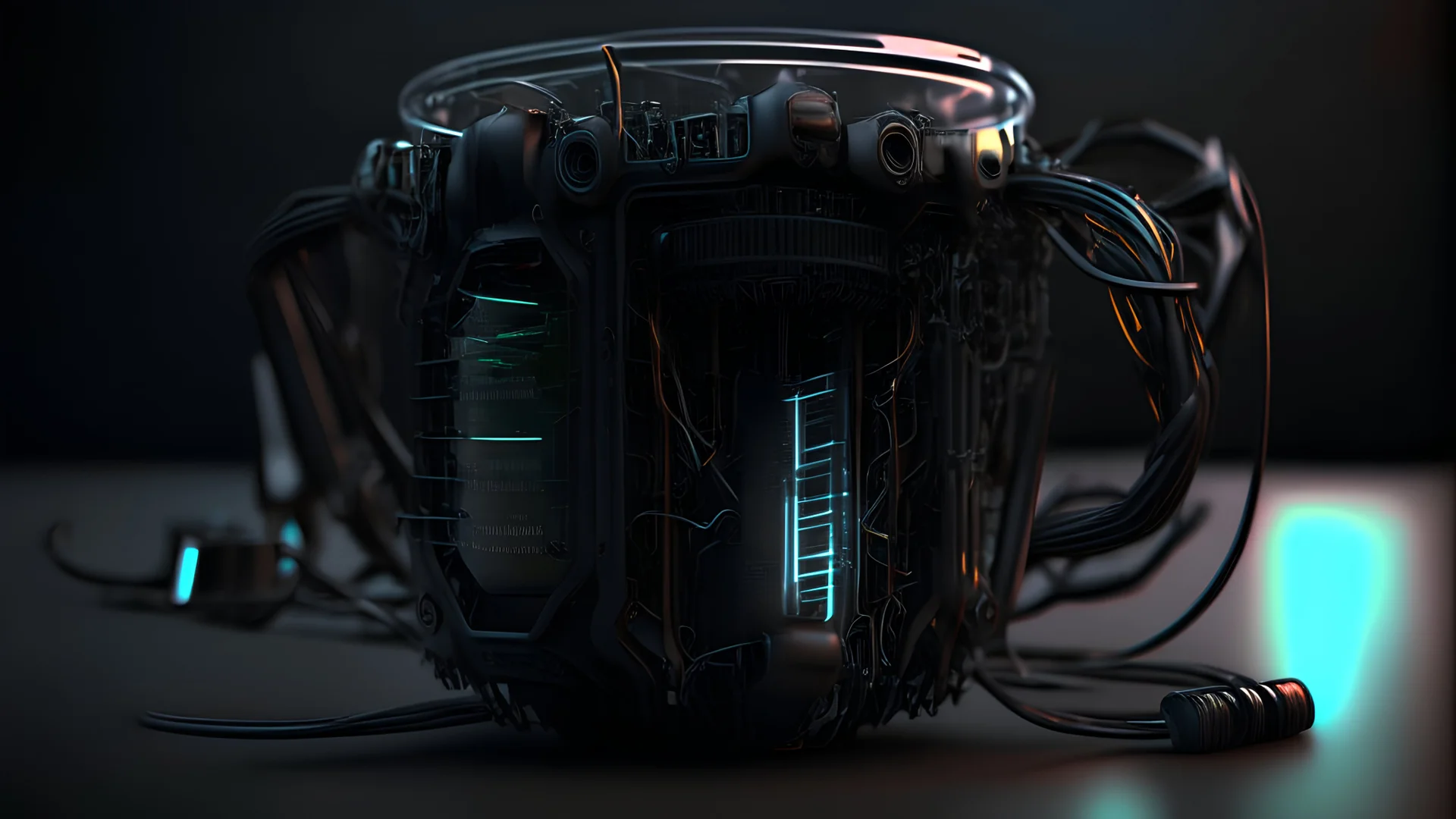 Futuristic black gadget glass cup made with engine parts and wires dysoptia cyberage HAWKEN postapocalyptic dysoptia scene photorealistic uhd 8k VRAY highly detailed HDR