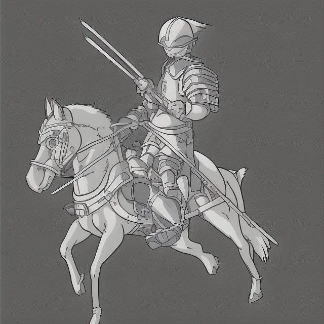 pencil sketch from side, little knight on the horse in armor with lancet charging, clip art