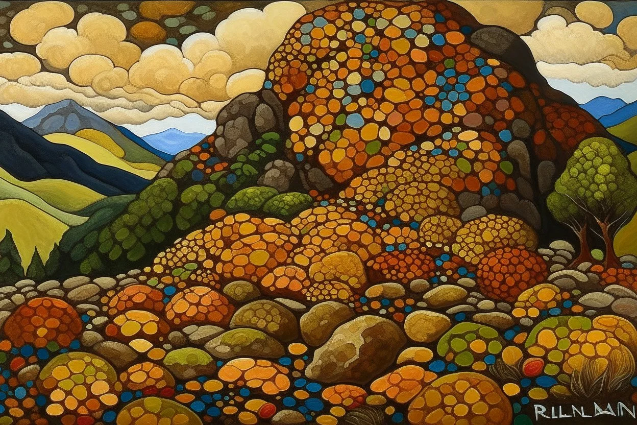 A brown mountain filled with stones painted by Paul Ranson