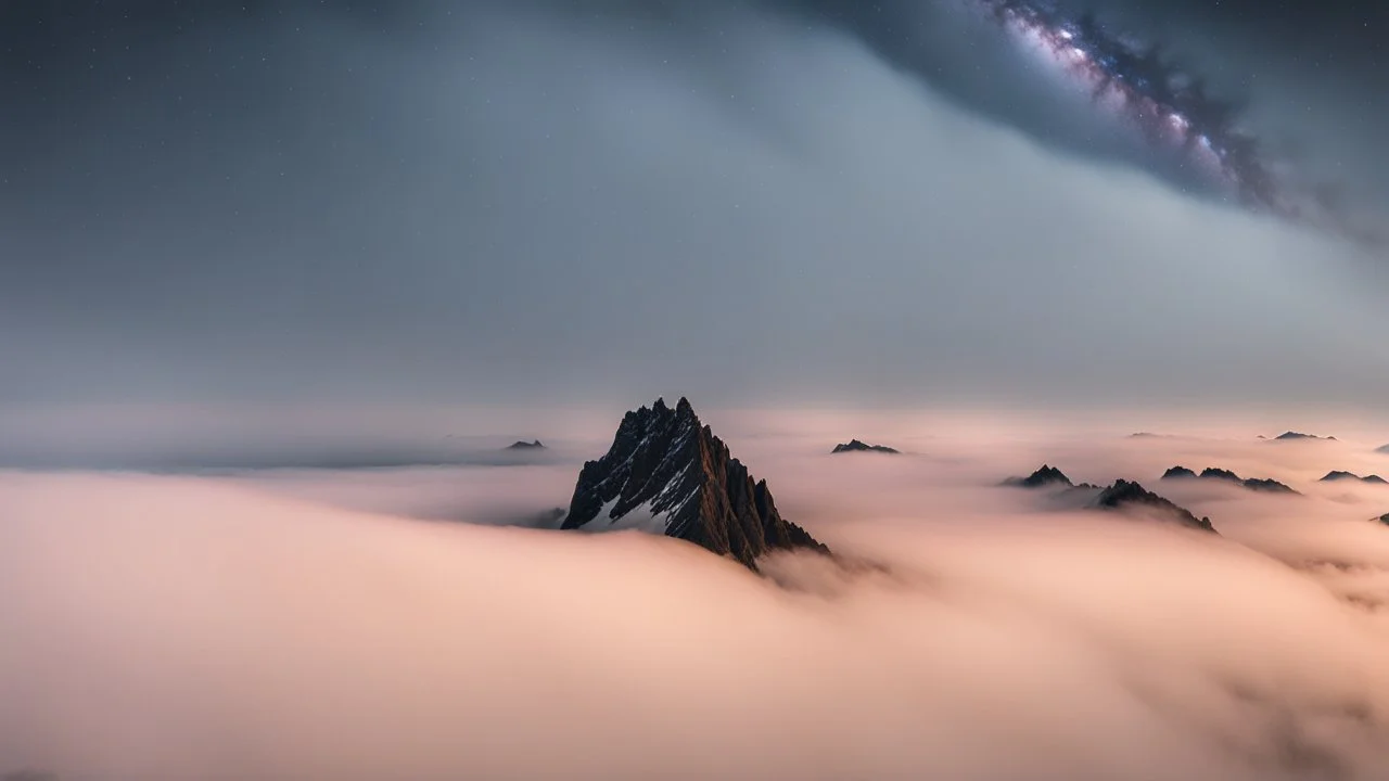 A surreal night-time scene featuring a sharp mountain peak rising through a thick layer of fog. Only one single peak is visible, The mountain's dark, jagged silhouette contrasts against the soft, pastel hues of the fog illuminated by moonlight. Above, the night sky is adorned with countless stars and a segment of the Milky Way, adding a sense of wonder and vastness to the scene. The overall atmosphere is mystical and serene, capturing the beauty of nature in a high-resolution, panoramic view