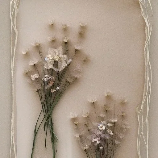 delicate arrangement of pressed flowers on soft layers of tulle, beautiful composition, aesthetic layout