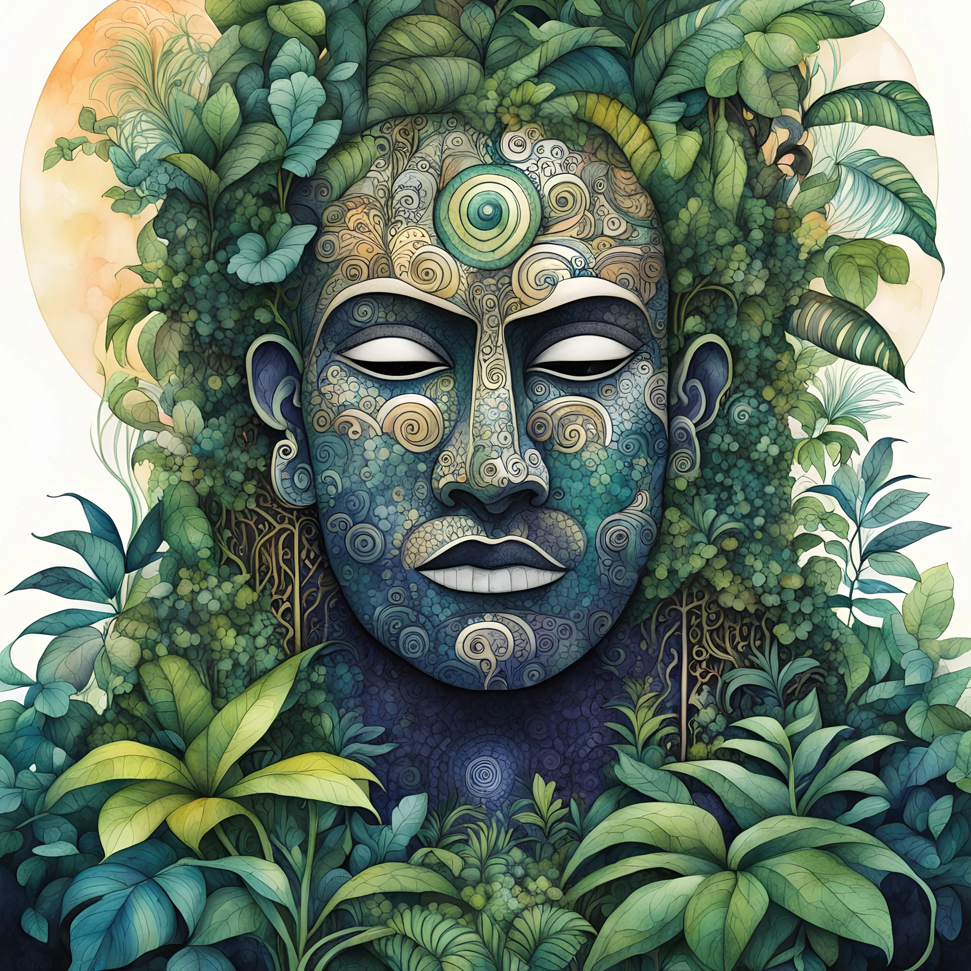 random watercolor Zentangle patterns in the styles of Gustav Klimt ,Wassily Kandinsky, Alphonse Mucha, and Kay Nielsen that depicts a colossal Olmec stone head , overgrown with the lush plant life of the Yucatan jungle, cast in the deep shadows of dawn, highly detailed, with fine ink outlining