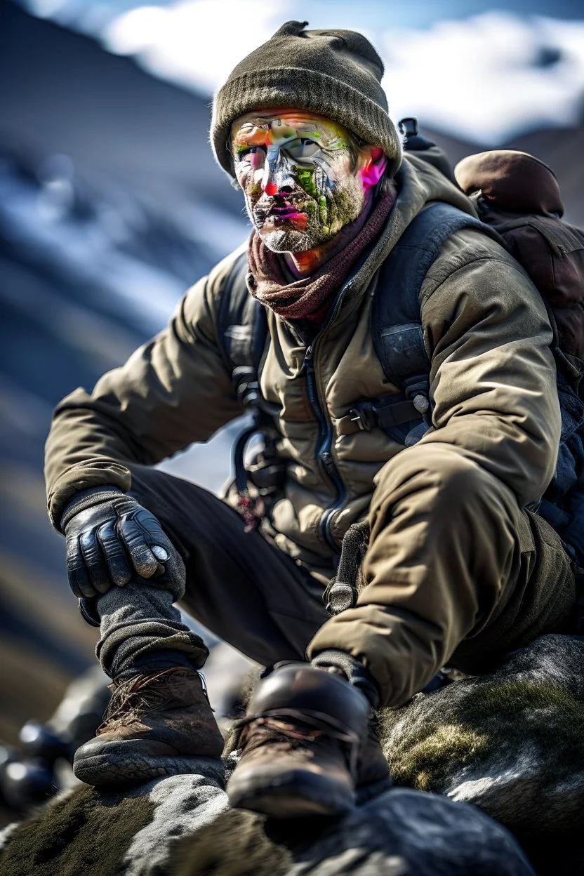 portrait of mountain climber in the Alps sitting on a hippo,shot on Hasselblad h6d-400c, zeiss prime lens, bokeh like f/0.8, tilt-shift lens 8k, high detail, smooth render, down-light, unreal engine, prize winning