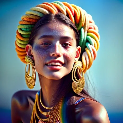 hyper realistic photograph, portrait of a beautiful happy southamerican woman, big silver earings, tied hair, summer :: film grain, Kodak portra 800, f1.8, golden hour --ar 2:3 --beta --upbeta