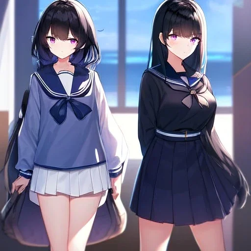 Clear focus, High resolution, Long fluffy black hair, Purple eyes, Wearing a sailor uniform, must be wearing a short skirt