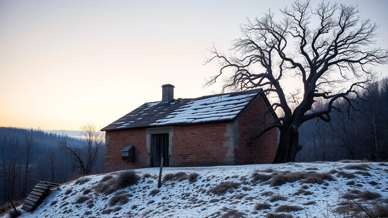 a lonely old adobe hut with a small window, a crumbling roof, an old chimney stands on a hill, next to it is a small woodshed by the wall, and an old withered tree leans over the hut, the hut stands on the edge of a European forest, winter, snowy landscape, low light, dawn, high detailed, sharp focus, high realistic, perfect photo