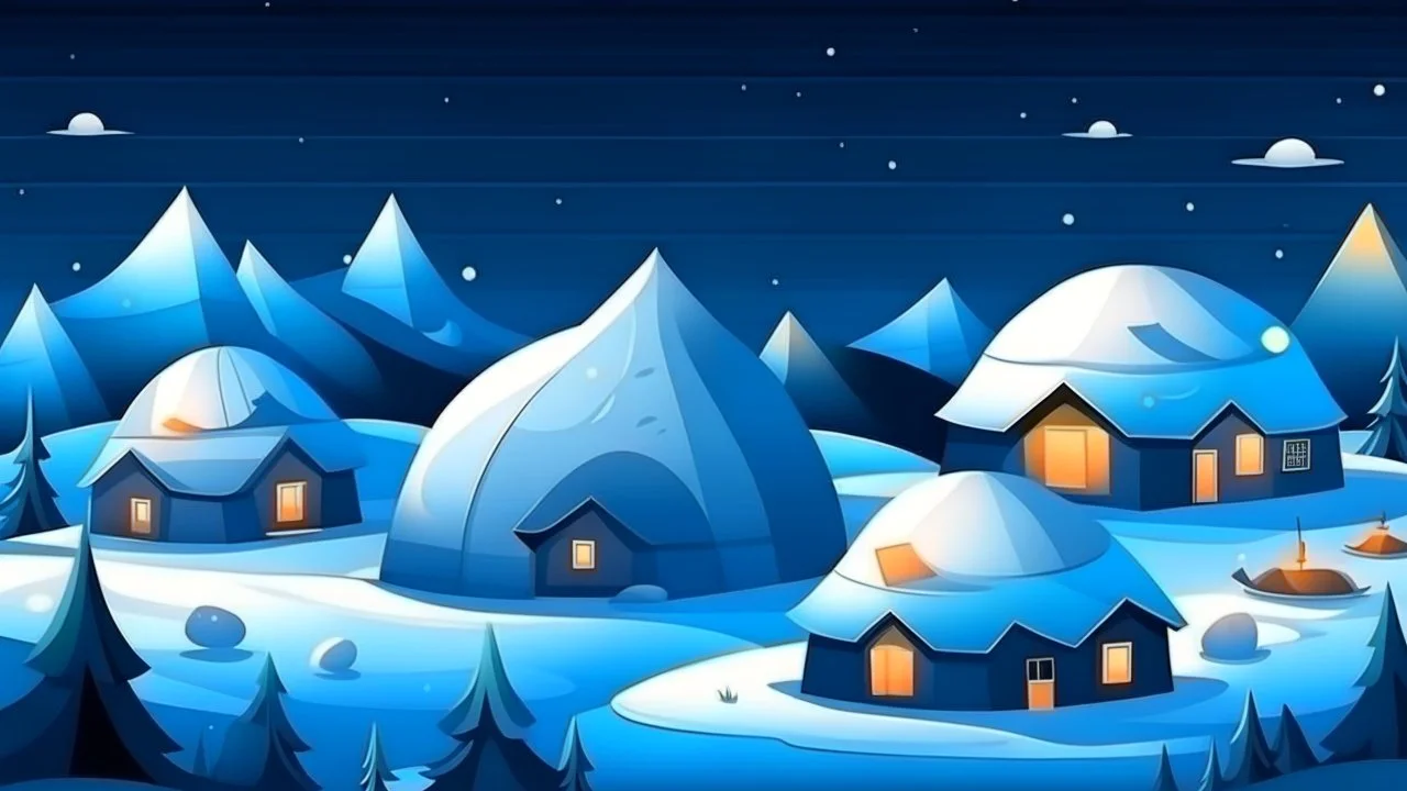 cartoon illustration: North Pole night, nature and igloos