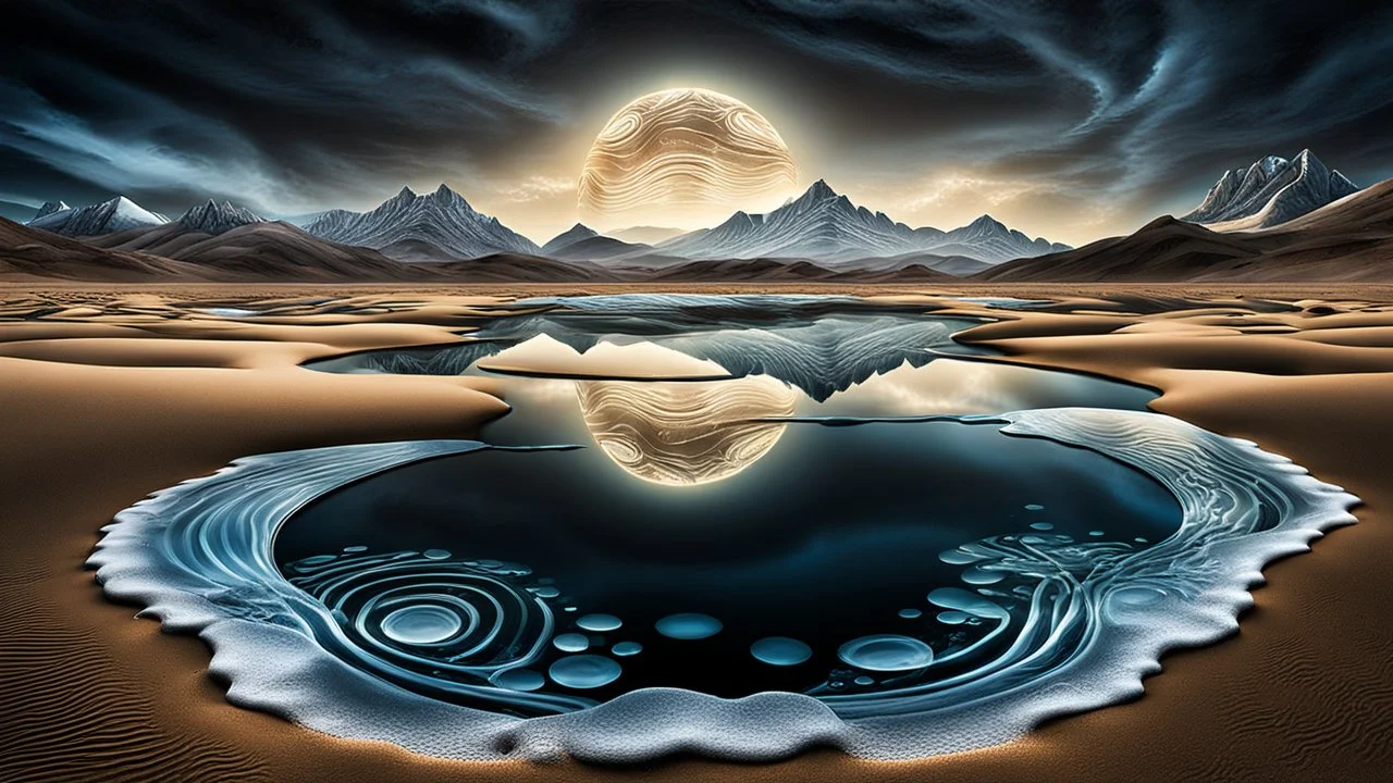 Abstract Landscape with surreal iced desert, mountains, iced water, reflections with shadows and lights. The scene features circles, lines and ovals, all enhanced by overlapping shadows and reflections, adding depth and dimension. The sky is dramatic, filled with swirling dark clouds , creating an intense atmosphere. In the scene old bones lying in sand in the right side. The color palette consists of rich, deep hues, watercolor and dark ink, like a dark dream