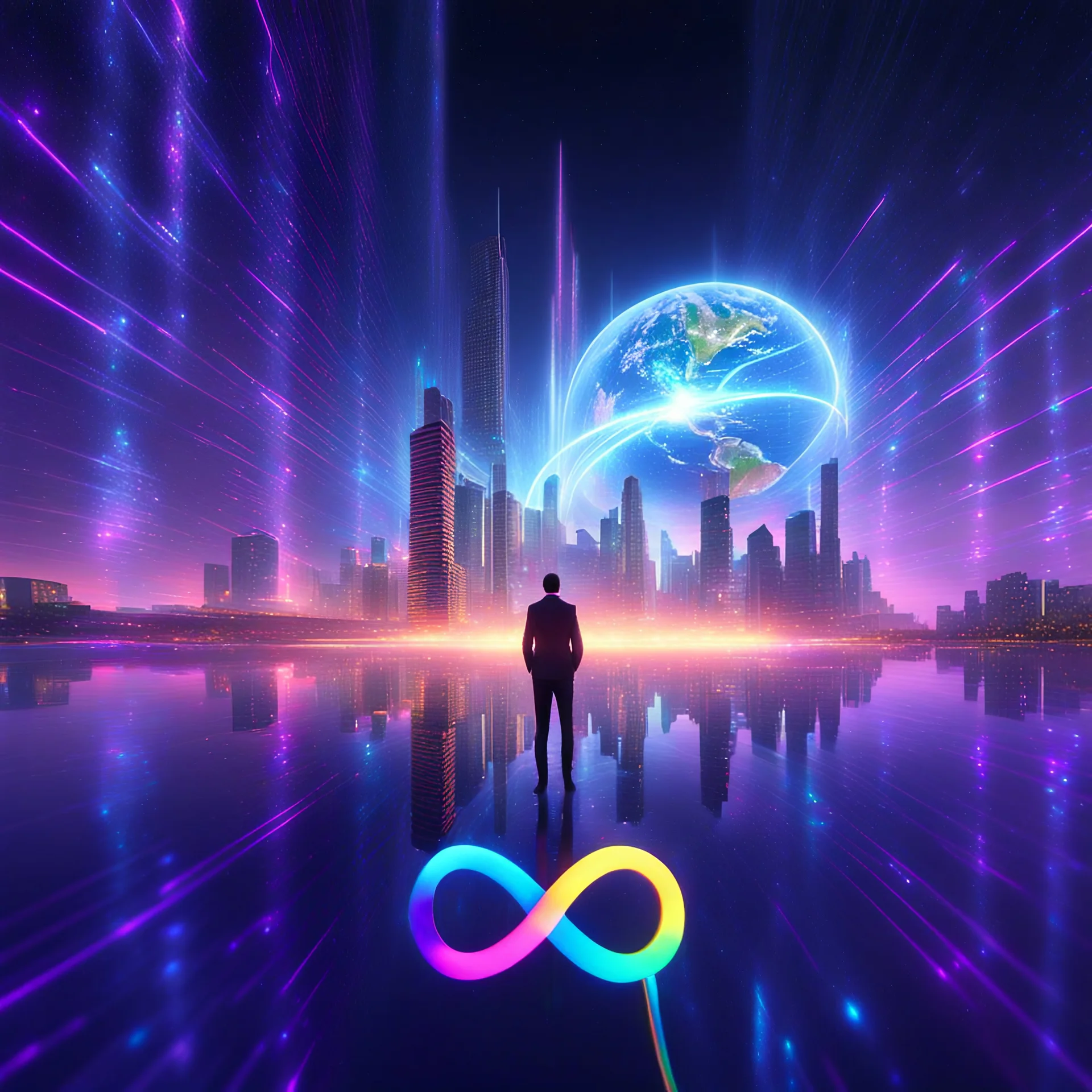 3D infinity symbol ∞, infinity figure-of-eight symbol is totally-symmetrical and brightly coloured, man silhouette facing epic scene of building, glowing earth, water, network and lights, exotic, inspiring, fantasy, neon, friendly, beautiful, octane render, 8k post-production, artstation: award-winning: atmospheric: commanding: fantastical: clarity: 16k: ultra quality: striking: brilliance: liquid medium: stunning colors: amazing depth; lens: f/8, 28mm