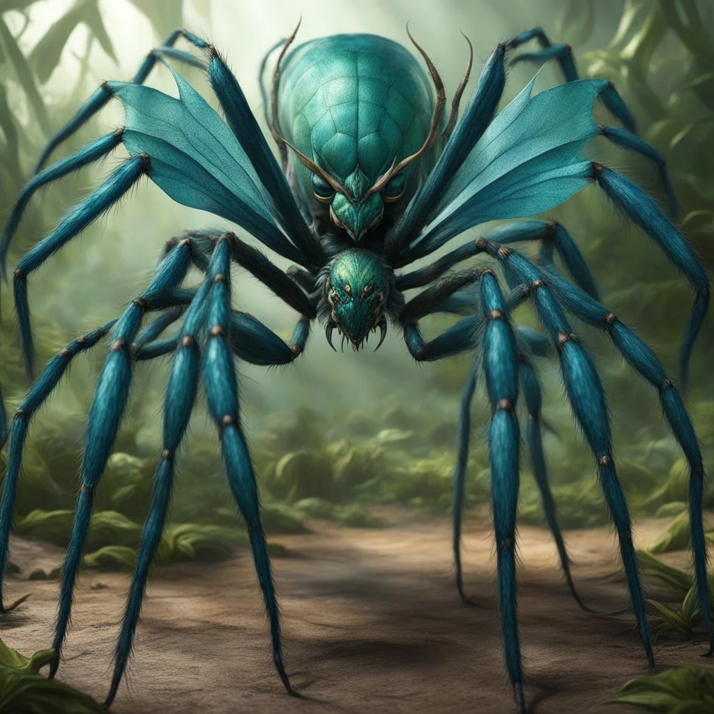 [photorealistic, greenish-blueish, half-woman] the Arachnomorph Queen, a monstrous hybrid that seemed to defy the laws of nature.Her upper torso was that of an elegant woman, but her lower body morphed seamlessly into a grotesque spider's abdomen. The eight spindly legs that supported her colossal form ended in razor-sharp pikes, glinting ominously in the dim light. The queen's eyes, like shards of obsidian, fixed upon the intruders with a malevolent intelligence. Brain, zombie, skull and the li