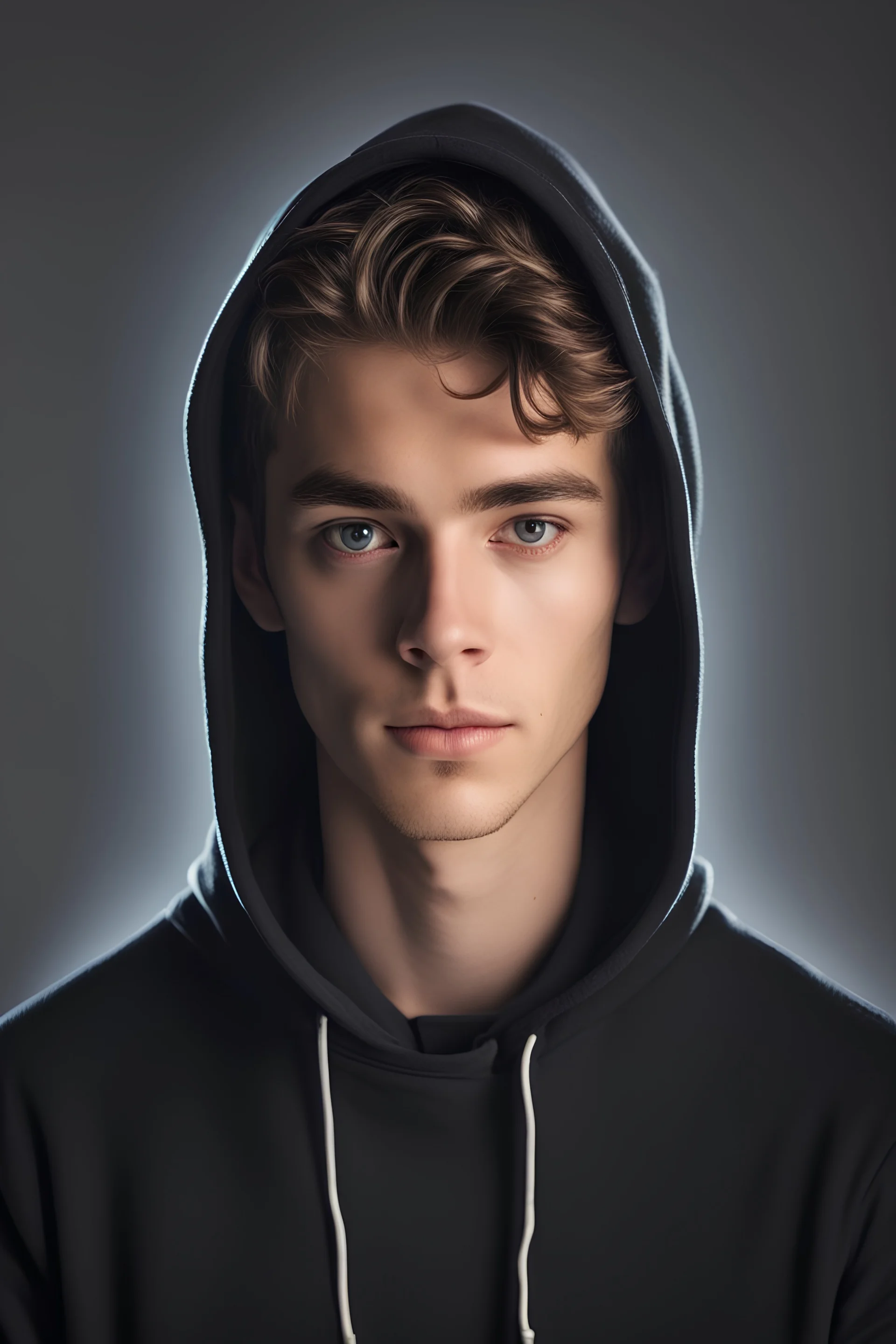 a portrait of programer teenagre boy with black hoody with 1 and 0 lights on him hoody
