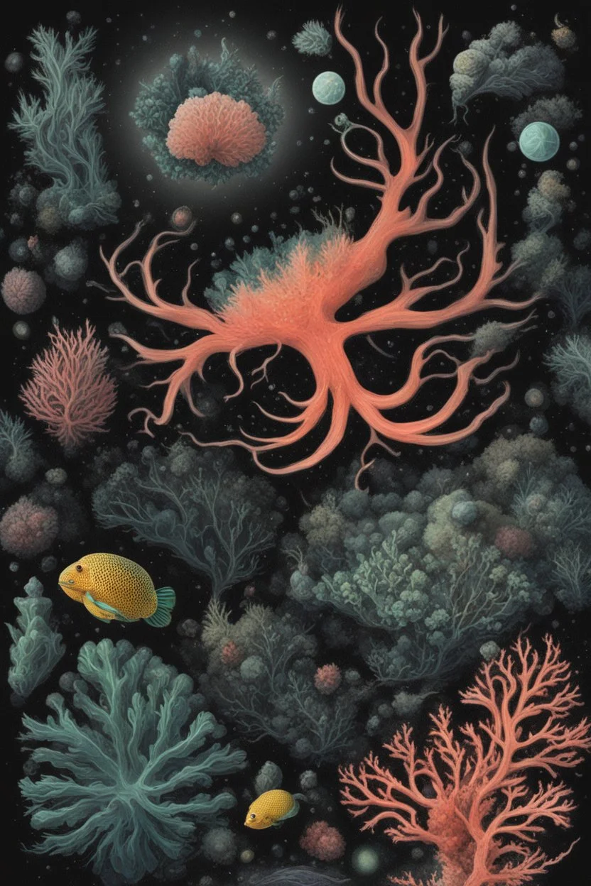 diseased Flora, fauna, and coral at the End of the Multiverse rising from a black liquid surface.