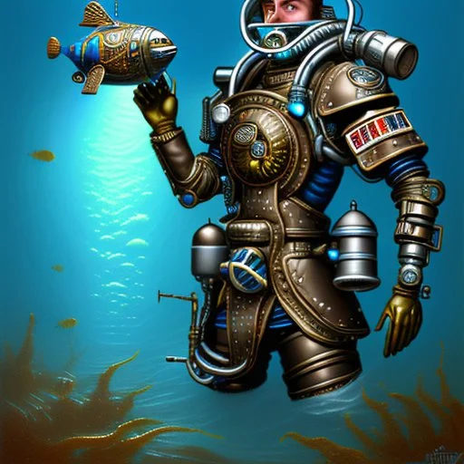 90's TCG art retro scifi art of a steampunk diver with big armor