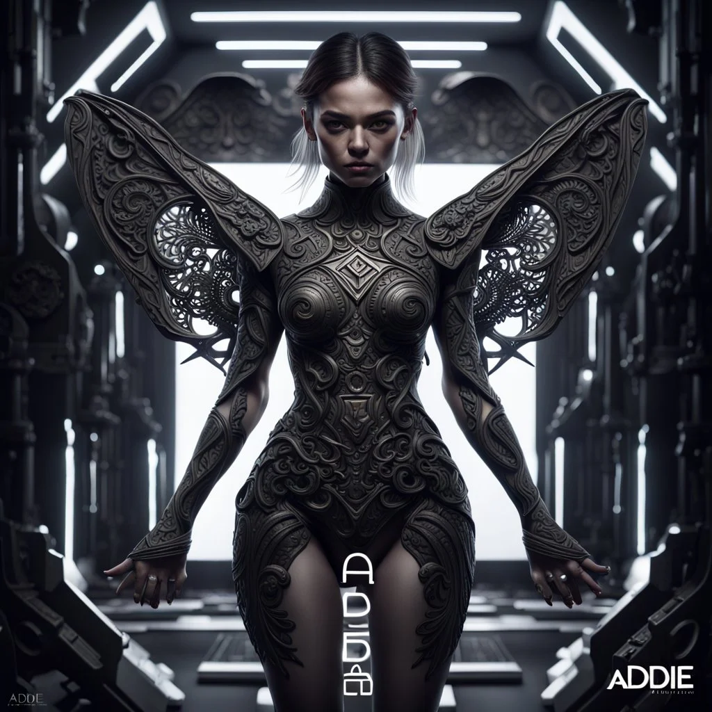 fhoto full body, reality, angle Raw, mistery, black magic, digital art, with logo text "addie", intricate details, powerful composition, captivating, , trending on artstation, sharp focus, studio photo, intricate details, highly detailed high tech, by addie_digi