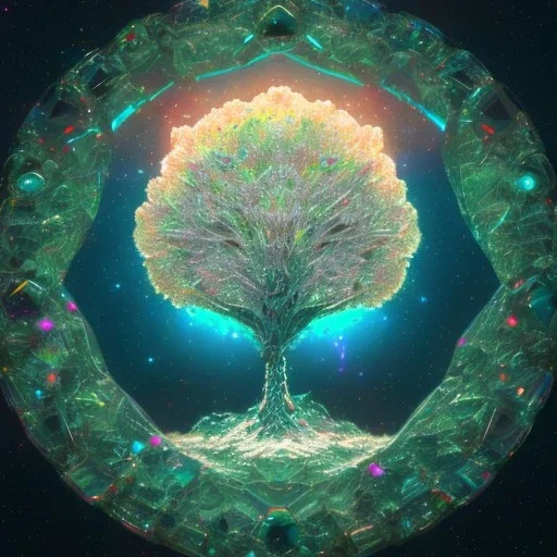 hedjuk,Tree of Life, crystal city crystalline in the sky, renderin, room, cosmic, opalescent, 100mm, opalescent, gemstones, crystals, object, other worldly,water, cristal rock ,bright, ice backg