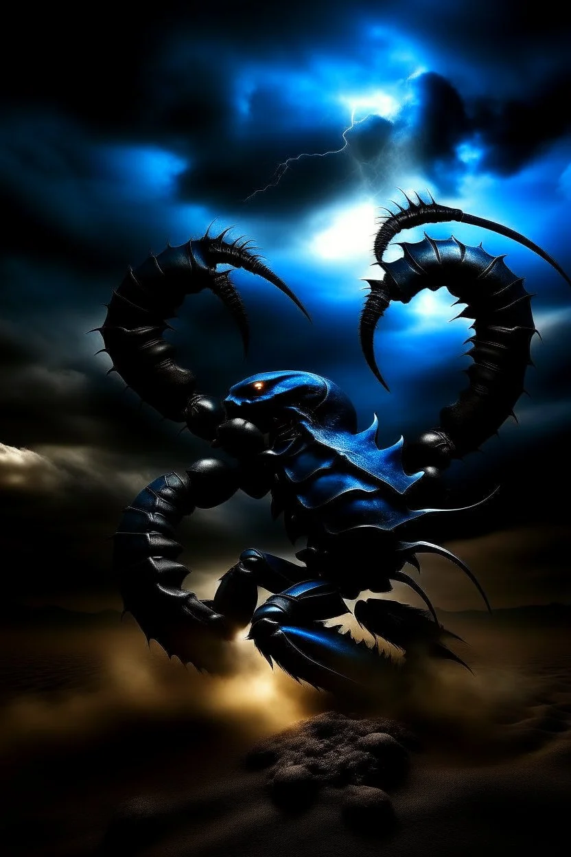 Black Scorpio emblem on a burning landscape background With its Tail curled up behind his back ready to strike and from claws grasping under a storming sky with blue lightening striking around it