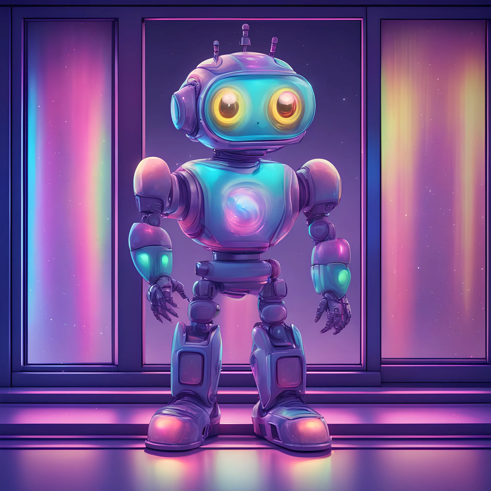cute robot monster in a luxury store window with a rainbow aura glow and pulsating hypnotic eyes, facing the view directly. make it more realistic.