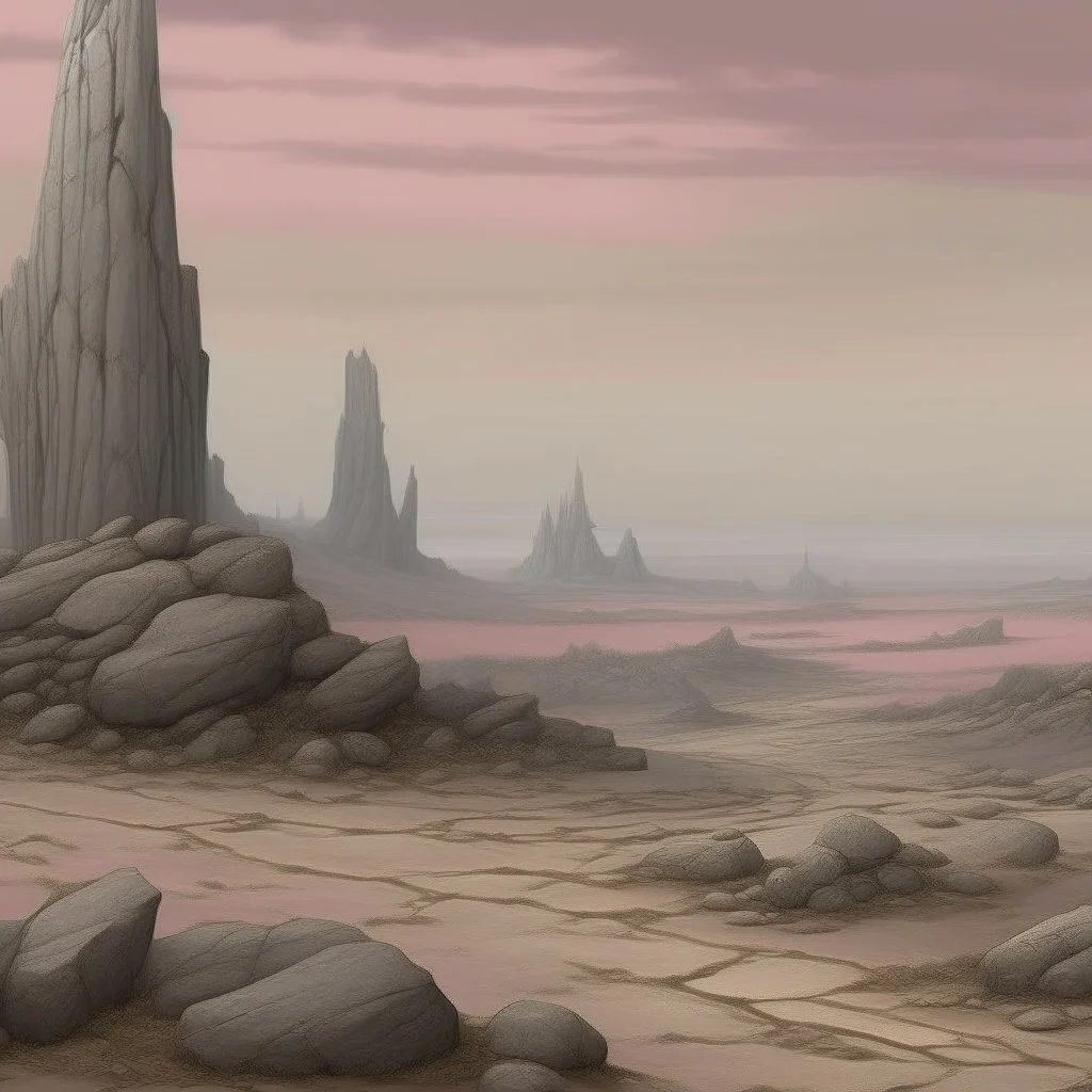 A grayish pink magical wasteland with rune rocks painted by Caspar David Friedrich