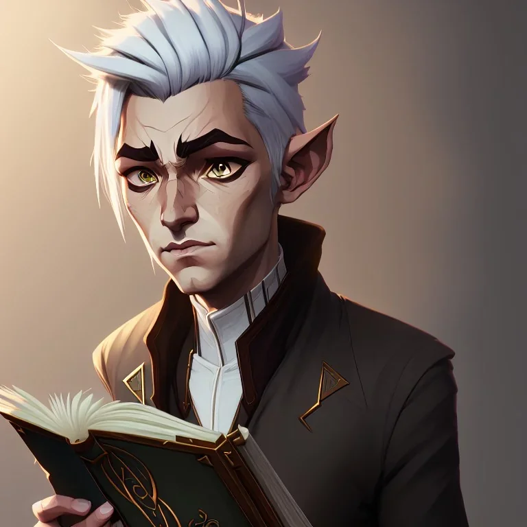 elf with gray hair in beige coat and white shirt reading a tome, studio lighting, nature background, intricately detailed, smooth glowing feathers, trending on artstation