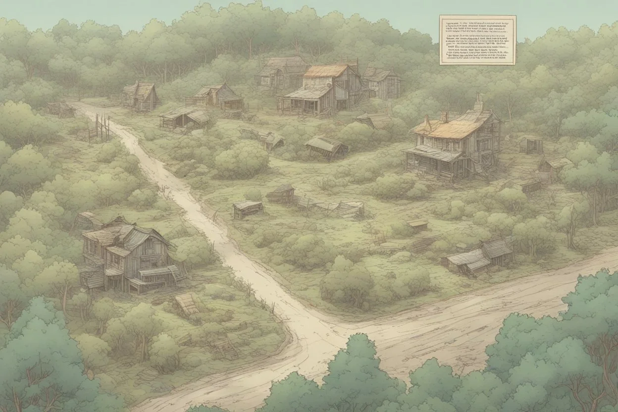 map, horizon, forest, small town,, overgrown apocalyptic, comic book,