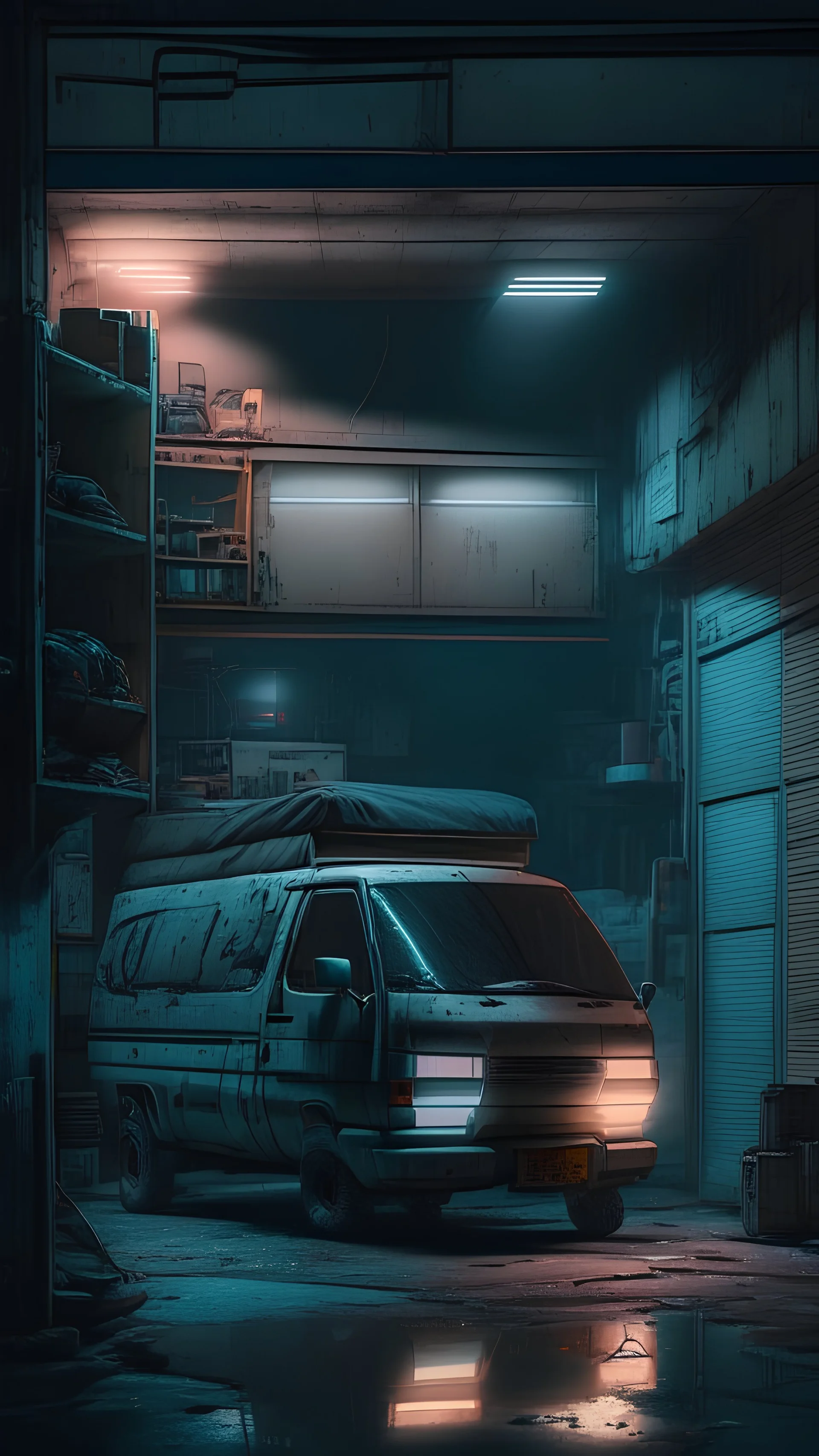 dimly lit grimy cyberpunk garage with a single toyota hiace cargo van parked inside