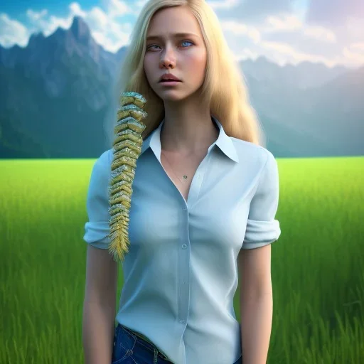 beautiful young blond Swiss girl standing in green field, mountain, sun, wearing blue shirt over, open arms, realistic eyes, blue eyes, unreal engine, photograph, realistic skin texture, photorealistic, hyper realism, highly detailed, 85mm portrait photography