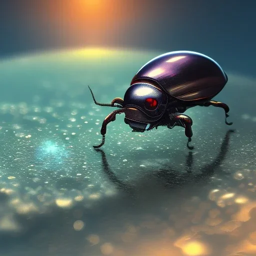 Little beetle hovering above pommegrenade water background , 8k photo realistic