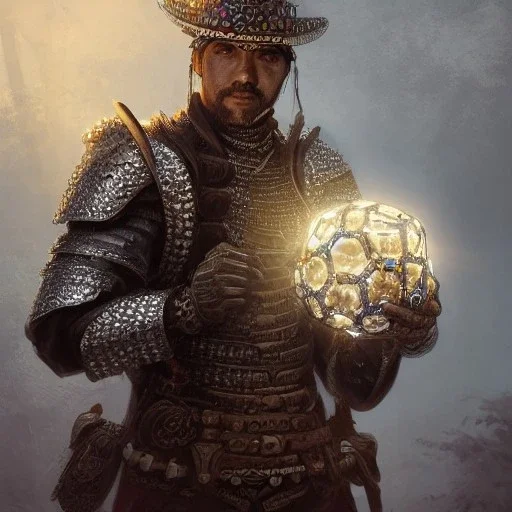 Insanely detailed photograph of a D&D chainmail warrior “male mariachi holding glowing D20” with intricate detailed Sombrero, intricate charo, hyperdetailed painting by Ismail Inceoglu Huang Guangjian and Dan Witz CGSociety ZBrush Central fantasy art album cover art,8K, hdr, mysterious, flickeringlights ,Stoic