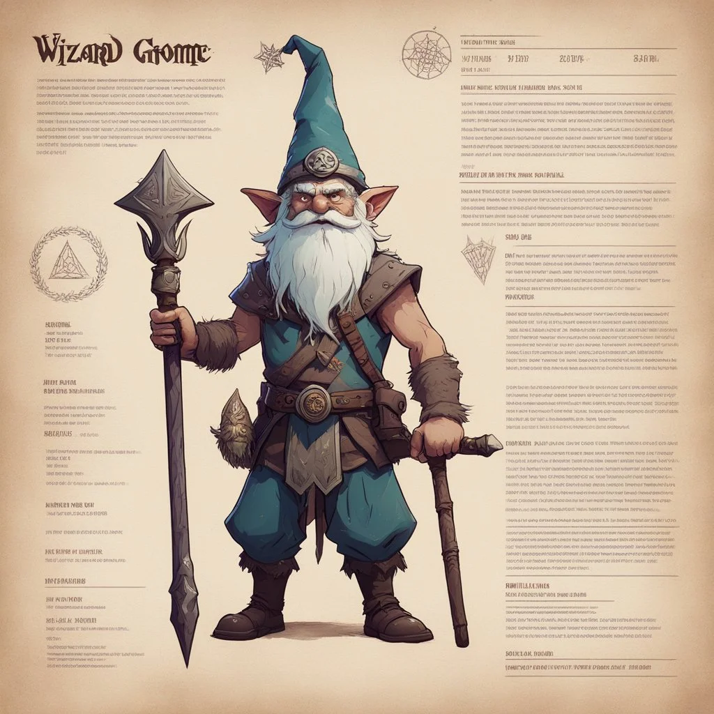character concept sheet with AD&D statistics and characteristics, [vintage style noisy scratches glitches, Shot the texture and then rewound the film and double exposed the face] wizard gnome, shirtless, with a staff, focus on his best spell