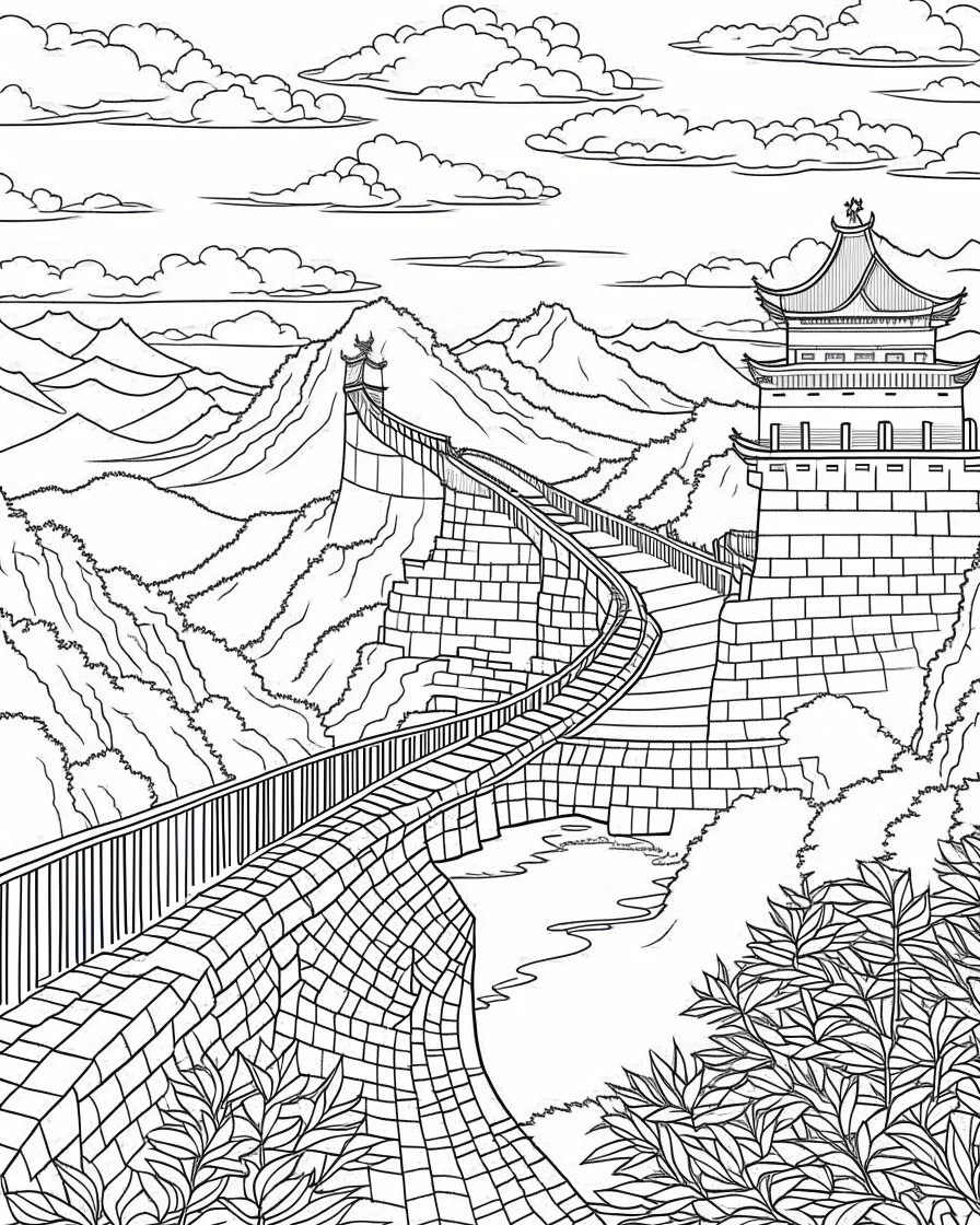 a coloring book, coloring page, depicting the great wall of china, with a scene of trees and a pool in front, monochrome, highly defined, white background, empty background, simple outlines