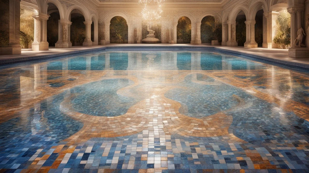 Superb pictorial multicoloured mosaic floor, walls with pictures of bathers and swimmers, swimming pool, water feature, relaxation, luxury, dream world, calm beauty, symmetry, fantasy world, magic, beautiful composition, exquisite detail, 135mm lens, adjust perspective, chiaroscuro, dynamic lighting