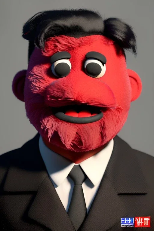 Waist up muppet Portrait, Kim Jong-un muppet doll, black suit, photo studio, red background, unreal engine 5, concept art, art station, god lights, ray tracing, RTX, lumen lighting, ultra detail, volumetric lighting, 3d.