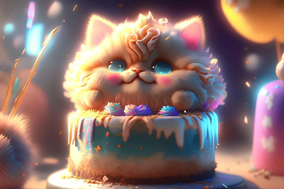 cute fluffy chibi cat birthday cake in sunshine Weight:1 detailed matte painting, deep color, fantastical, intricate detail, splash screen, complementary colors, fantasy concept art, 8k resolution trending on Artstation Unreal Engine 5 Weight:0.9