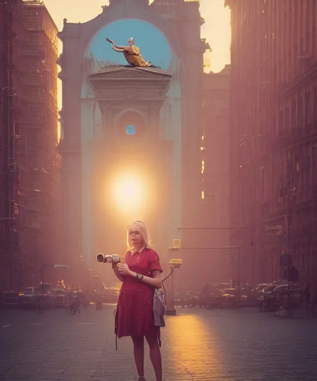 Statue of Queen of photography. Cute blonde woman. Photographer in golden crown. Standing on the street. Big camera in her hand. hyperdetailed, photorealistic, trending on artstation, greg rutkowski, beksinski, kodachrome, lomography, golden hour, bokeh, volumetric light