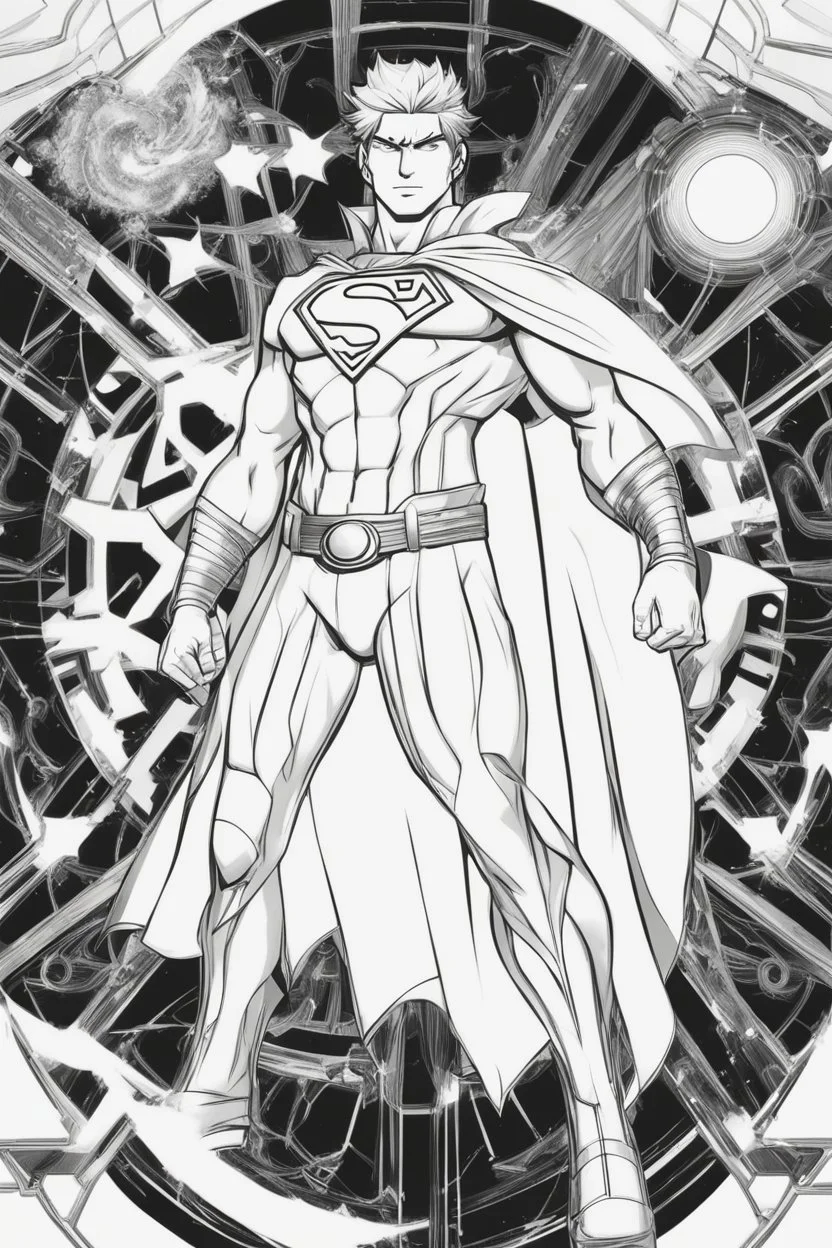 outline art An evolved Cosmic Superman .Naruto cinematic lighting, high resolution 3D render art coloring pages with witch, white background, Sketch style, full body, use outline, Mandala style, clean line art, white background, no shadows and clear and well