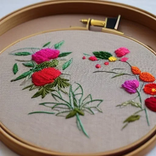 exquisite whimsical garden in embroidery hoop, intricate, highly detailed, linen and wood backdrop