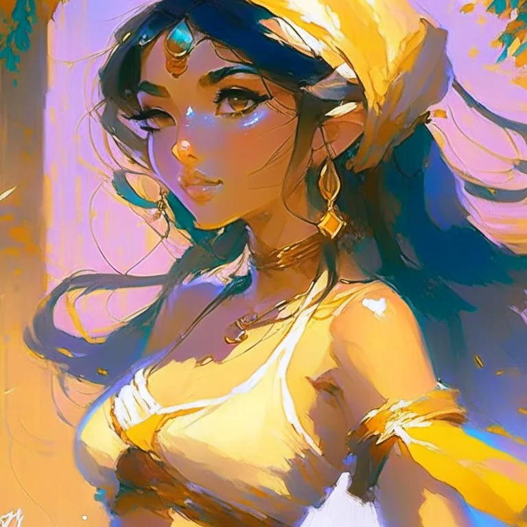 cute anime disney princess jasmine, key visual, glamour,sceane from princess mononoke movie, cute anime girl, dynamic pose, anime digital painting by loish + rossdraws + Pino Daeni, brush strokes, painterly, impressionist style, half painted, golden hour