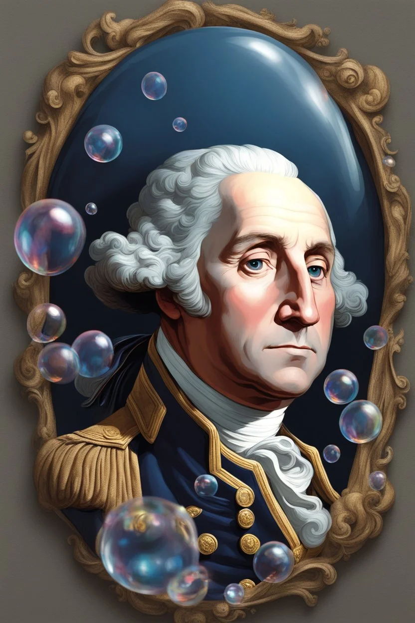 "Create an imaginative scene depicting George Washington with a bubble-like face on the verge of popping, surrounded by an air of suspense and anticipation."