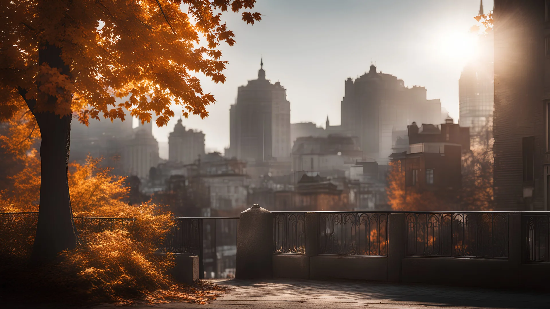 calm beauty, uplifting, inspiring, therapeutic, cityscape, autumn, sunlight, chiaroscuro, color, award-winning colour photograph, Nikon 85mm