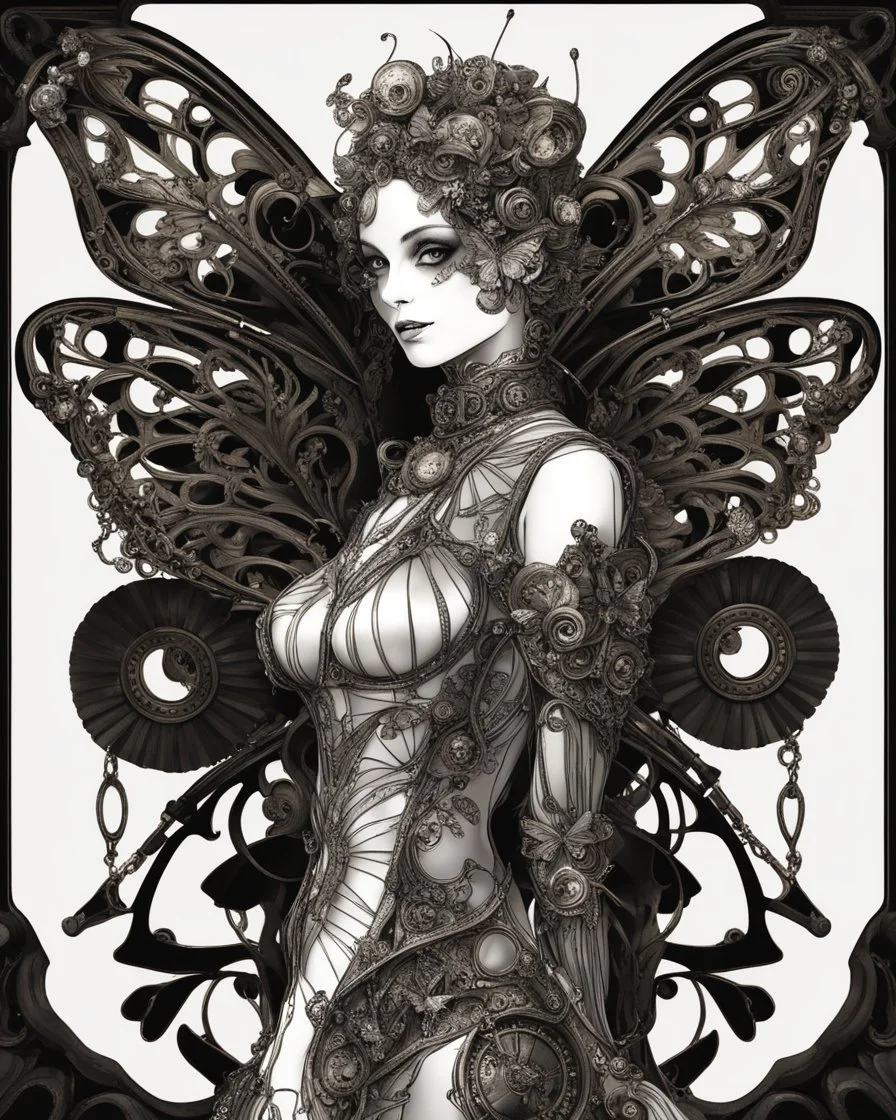 gothic, steampunk delicate metal woman, butterfly, wings, black background