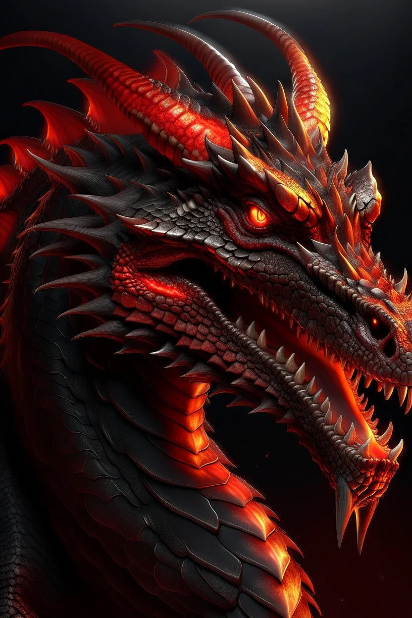 Ultra realistic dragon dark skin with red highlights dark fantasy fiery background