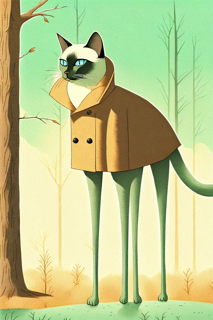 Surrealist minimalist illustration of [siamese cat] with extremely long slender legs, standing in [forest], wearing [a raincoat], under [tree]. Calm composition, full body view, centered, soft pastel gradients in the background, textured painterly style, smooth shading, clean lines. –no multiple characters, no clutter, no photorealism, no busy background